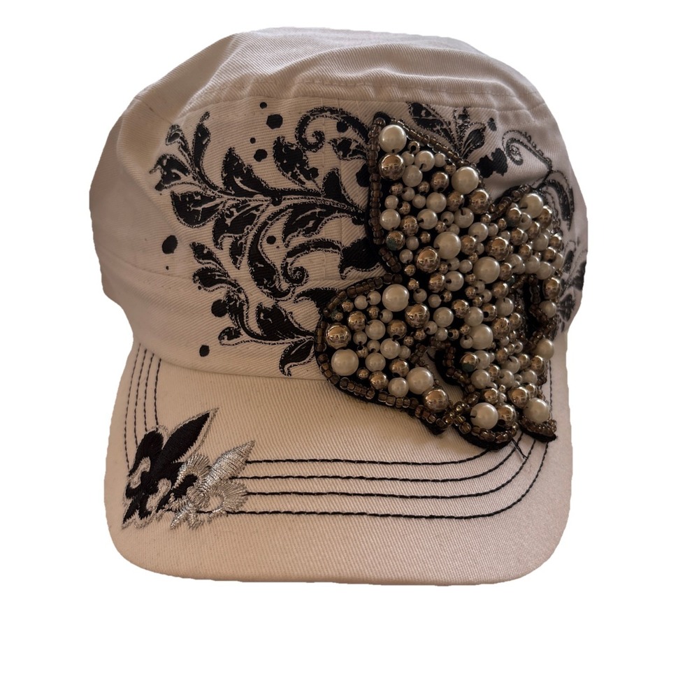 Vintage Y2K Distressed Bling Fleur de Lis White Baseball Cap Hat KBETHOS